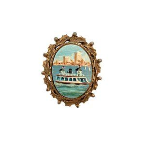 Brooch Hand Painted Boat in San Diego Harbor  by Jane Blunk Vintage Pendant Gift